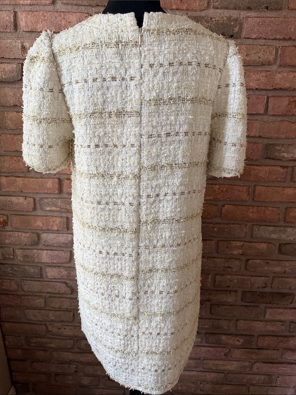 Cream Textured Short Sleeve Mini Dress with Metallic Detail - Picture 7 of 13